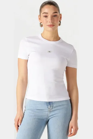 Calvin Klein Damen Tops & T-Shirts Woven Label Rib Fitted Tee - - Größe XL