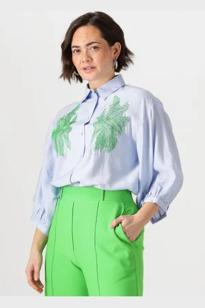 Jansen Amsterdam Damen Blusen Odessa Blouse Fs 707 3/4 Puffed Sleeve Green Embroidery - - Größe 34