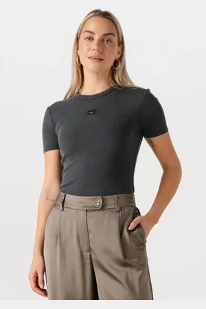 Calvin Klein Damen Tops & T-Shirts Washed Woven Label Rib Fit Tee - - Größe XL