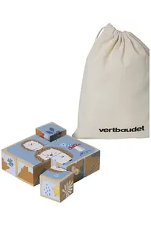 Vertbaudet Puzzle Baby Tierpuzzle mit Holzwürfeln, Puzzleteile beige|weiß