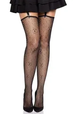 Leg Avenue Halterlose Strümpfe Halterlose Netzstrümpfe mit Gänseblümchen-Muster schwarz schwarz