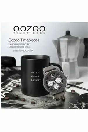 Oozoo Quarzuhr Herren Armbanduhr grau Analog, (Analoguhr), Herrenuhr rund, extra groß (ca. 48mm) Lederarmband, Casual-Style grau