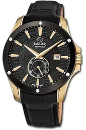 Jaguar Quarzuhr Echtleder Herrenuhr Analog, (Analoguhr), Herrenuhr Lederarmband schwarz, rundes Gehäuse, groß (ca. 44mm) schwarz