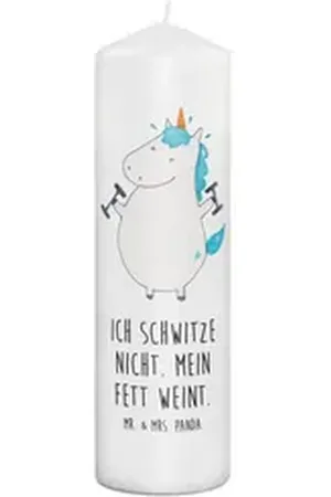 Mr. & Mrs. Panda Formkerze Einhorn Fitness 29 x 8 cm XL - Weiß - Geschenk, Taufkerze, Unicorn, E (1-tlg), Besonderes Lichtspiel weiß 8 cm x 29 cm x 8 cm