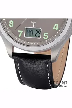 Regent Funkuhr Herren Funkuhr Analog-Digital, (Funkuhr), Herren Funkuhr rund, extra groß (ca. 42mm), Lederarmband schwarz