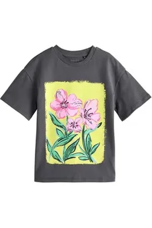 Next Paillettenshirt Oversized Fit T-Shirt mit Pailletten, Blumengrafik (1-tlg) grau 140 (10 J.)