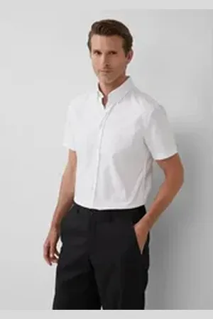 QS by s.Oliver BLACK LABEL Kurzarmhemd Tailored Fit: Baumwollhemd mit Fischgrätmuster weiß 43