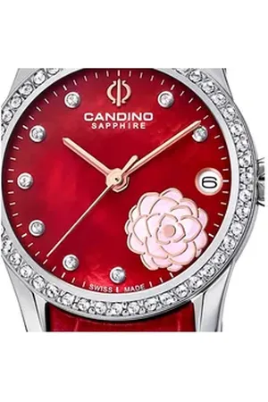 Candino Quarzuhr Damen Armbanduhr Elegance, (Analoguhr), Damen Armbanduhr rund, Lederarmband rot, Fashion rot