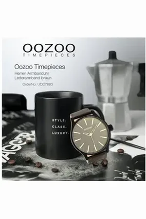 Oozoo Quarzuhr Armbanduhr Herren schwarz, (Analoguhr), Herrenuhr rund, extra groß (ca. 50mm) Lederarmband, Fashion-Style braun
