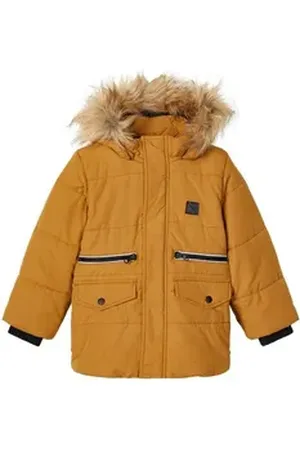 NAME IT Winterjacke Jungen Pufferjacke gesteppte mit Kapuze mit Kapuze, mit abnehmbarer Kapuze, mit Stehkragen gelb 116