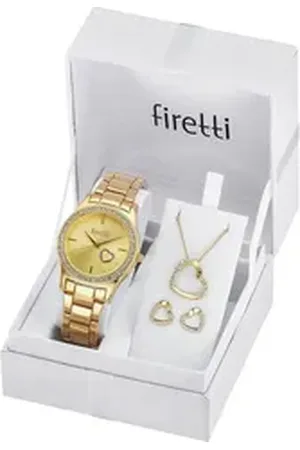 Firetti Quarzuhr, (Set, 5-tlg., mit Anhänger, Kette und 1 Paar Ohrsteckern), Armbanduhr, Damenuhr, Glassteine, ideal auch als Geschenk goldfarben