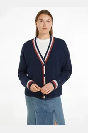 Tommy Hilfiger Strickjacke GLOBAL STP WOOL CASH CARDIGAN (Global Serie TH WOMEN) mit Global Stripe blau M (38)