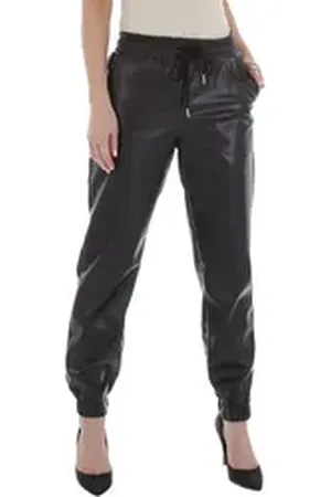 Ital-Design Lederimitathose Damen Freizeit Jogginghose in Schwarz schwarz M