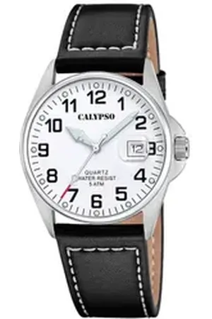 Calypso Quarzuhr Basic Herrenuhr K5870-1 Weiss Lederband Schwarz 40,2 mm