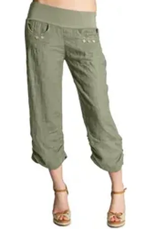 CASPAR Leinenhose KHS017 Damen 3/4 Hose aus robustem Leinen mit breitem Stretch Bund - Made in Italy grün M - DE38 UK10 IT42 ES40 US8