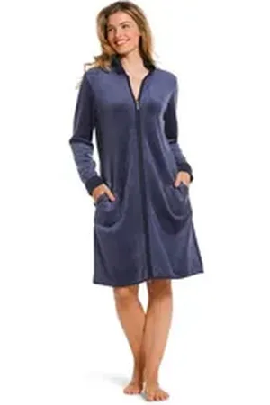 Pastunette Damenbademantel Damen Velours Bademantel, Midi, Polyestermischung, Stehkragen, Reißverschluss, Velours Qualität blau S