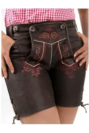 Almbock Trachtenlederhose Damen Lederhose Eva (2-tlg) dunkelbraun mit pinken Stickereien braun 34