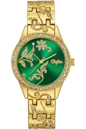 Buffalo Quarzuhr TLA-91432-85M, Armbanduhr, Damen, florale Elemente, Glaskristalle goldfarben