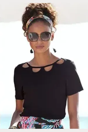 Buffalo Kurzarmshirt mit Cut-outs vorne, T-Shirt, lockere Passform schwarz 32/34