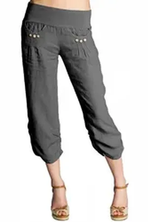 CASPAR Leinenhose KHS017 Damen 3/4 Hose aus robustem Leinen mit breitem Stretch Bund - Made in Italy grau L - DE40 UK12 IT44 ES42 US10
