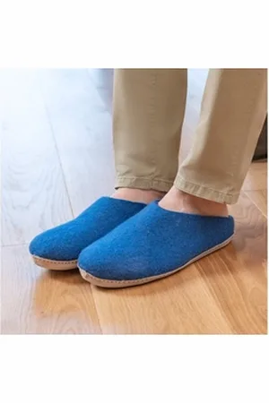naturling Herren Filz Pantoffel Hausschuh (mit echter) Ledersohle blau 42 EU