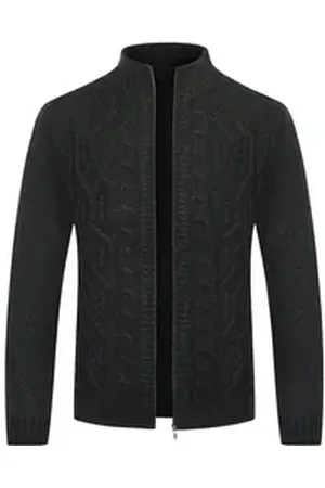Allthemen Cardigan Herren Strickjacke mit Reißverschluss Grobstrick mit Stehkragen schwarz L