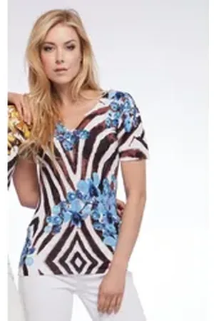 Passioni T-Shirt mit braunem Zebra- und blauem Blumendruck braun XL/XXL