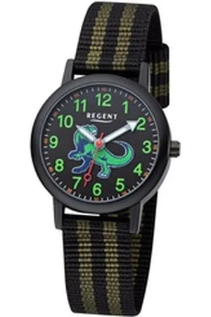 Regent Quarzuhr Kinderuhr Dino Motiv schwarz grün ⌀30mm, Leuchtzeiger