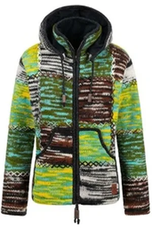 Kunst und Magie Strickjacke Damen Strickjacke Wolle Bunte Patchwork Jacke Zipfelkapuze Hochkragen XL