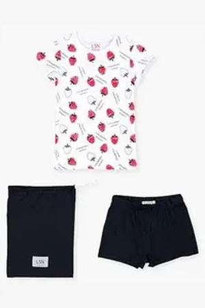 Losan Shorty Mädchen 3tlg. Shorty Pyjama kurz Erdbeeren weiß marine (3 tlg) rot|weiß 128