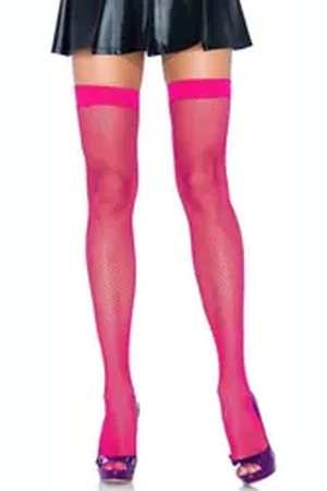 Leg Avenue Strapsstrümpfe Straps-Strümpfe aus Netz - neon pink (1-Paar) transparent rosa