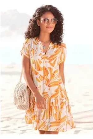 QS by s.Oliver Blusenkleid mit Volant am Rock, Tunikakleid, Sommerkleid, Strandkleid orange|weiß 34