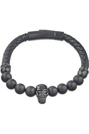 Aaron Bane Armband BLACK SKULL Herren Lederarmband geflochten schwarz mit Klickverschluss (1-tlg)