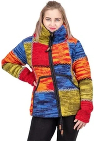 Kunst und Magie Strickjacke Damen Strickjacke Wolle Bunte Patchwork Jacke+Fleecefutter&Hochkragen M