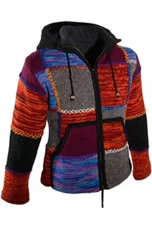 Kunst und Magie Kapuzenstrickjacke Damen Strickjacke Wolle Jacke +Fleecefutter +abnehmbarer Zipfelkapuze bunt 42