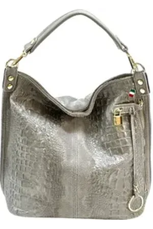 Florence Beuteltasche Beuteltasche Echtleder grau (Beuteltasche), Damen Beuteltasche, Shopper Leder, grau ca. 33cm hoch, Kroko-Prägung grau