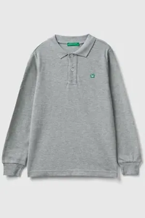 Benetton United Colors of Langarm-Poloshirt mit Logostickerei an der Brust grau XL (152/158)
