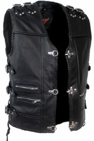 ALPHA Motorradweste Herren Motorrad Kutte Biker Weste Lederweste Schwarz mit Leder genschnürrt 4XL