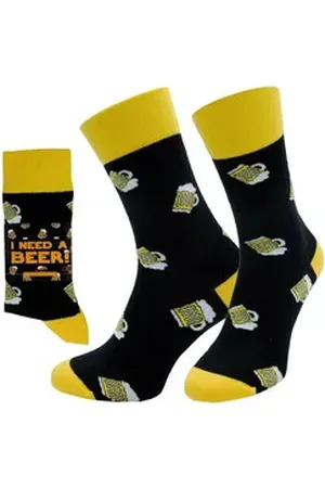 Chili Lifestyle Freizeitsocken BIER Lustige Socken mit Spruch Banderole als Geschenksocken (Paar, 1-Paar, Mit Spruchbanderole) Weichbund ohne Gummidruck gelb|schwarz 41-45