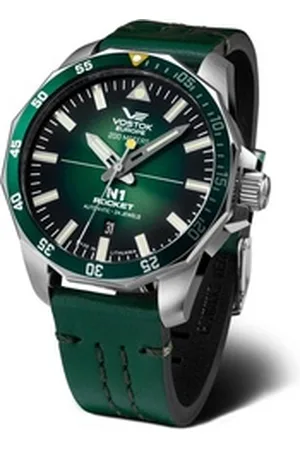 Vostok Automatikuhr Rocket N1 – Herrenuhr, 46 mm Gehäuse, grünes Lederarmband, 225A710-L, sportlich-elegantes Design