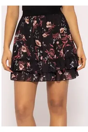 SASSYCLASSY Rüschenrock Eleganter Mini Rock Damen aus Chiffon Faltenrock lang in A-Linie, Chiffonrock mit Blumenmuster schwarz S