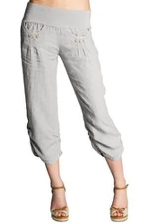CASPAR Leinenhose KHS017 Damen 3/4 Hose aus robustem Leinen mit breitem Stretch Bund - Made in Italy grau XXL - DE44 UK16 IT48 ES46 US14