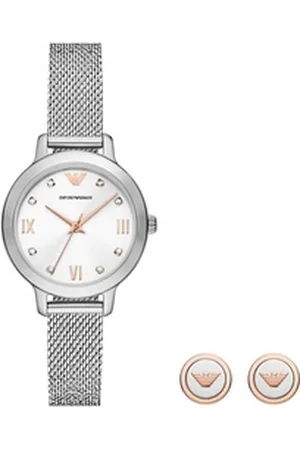 Emporio Armani Quarzuhr AR80065SET, (Set, 3-tlg., mit dazu passenden Ohrsteckern), Armbanduhr, Damenuhr, ideal als Geschenk, Edelstahlarmband silberfarben
