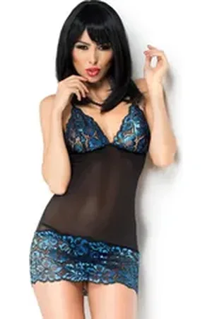 Chilirose Negligé Negligee mit blauer Spitze (2-tlg) schwarz S/M