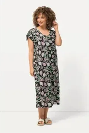 Ulla Popken Jerseykleid Jerseykleid Meeresmotive V-Ausschnitt ärmellos grau 46/48