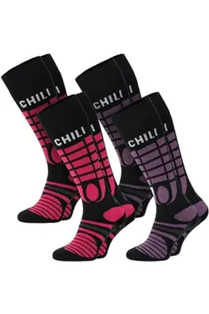 Chili Lifestyle Skisocken SKI THERMO gepolsterte Kniestrümpfe Ski Snowbard Winter aus Baumwolle (Multipack, 4-Paar, 2 Farbdesigns) Weichbund ohne Gummidruck bunt|lila|rosa|schwarz