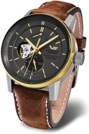 Vostok Automatikuhr GAZ 14 Automatik Open Balance Limousine, Herrenuhr mit offener Unruh, braunes Lederarmband