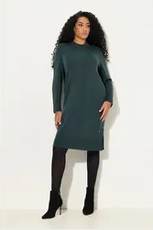 Ulla Popken Midikleid Strickkleid Rippstrickstreifen Stehkragen Langarm blau|grün 54/56