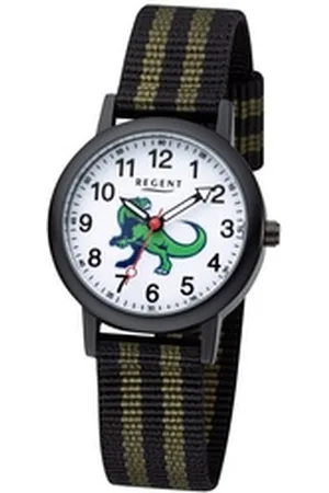 Regent Quarzuhr Kinderuhr Dino Motiv schwarz grün ⌀30mm, Leuchtzeiger