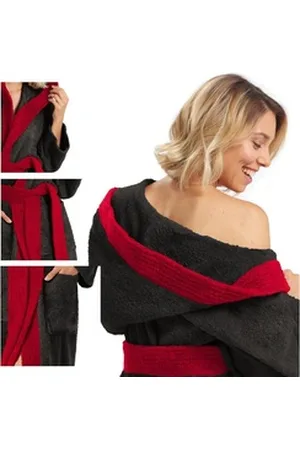Aqua Bademantel Saunamantel Frottee Kapuze für Sie&Ihn Sylt schwarz/bordeaux XS, Baumwolle schwarz XS